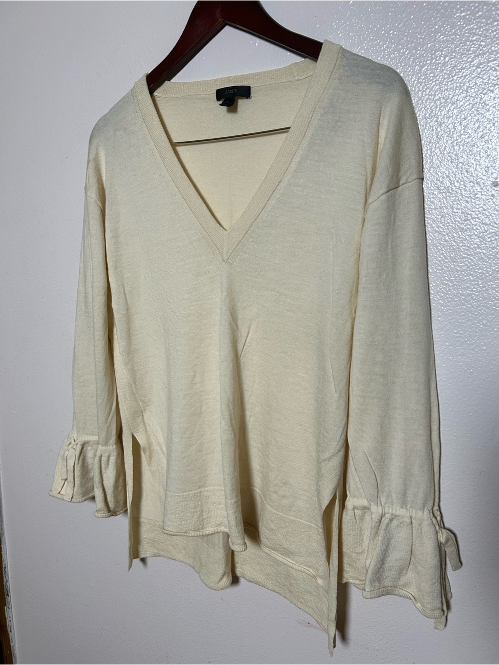 J. Crew Cream V-Neck Ruffle Cuff Long Sleeve Top